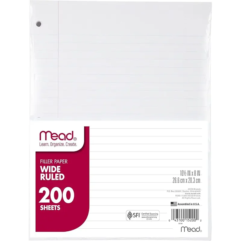 Mead Loose Leaf Paper, Wide Ruled Filler Notebook Paper, 8" x 10-1/2", 200 Sheets, Fits 3-Ring Binder (15200)