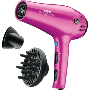 Conair Hair Dryer with Retractable Cord, 1875W Blow Dryer, 3 Heat Settings, 2 Speeds, Blow Dryer with Diffuser and Concentrator Attachments, Ionic + Tourmaline Technology, Pink