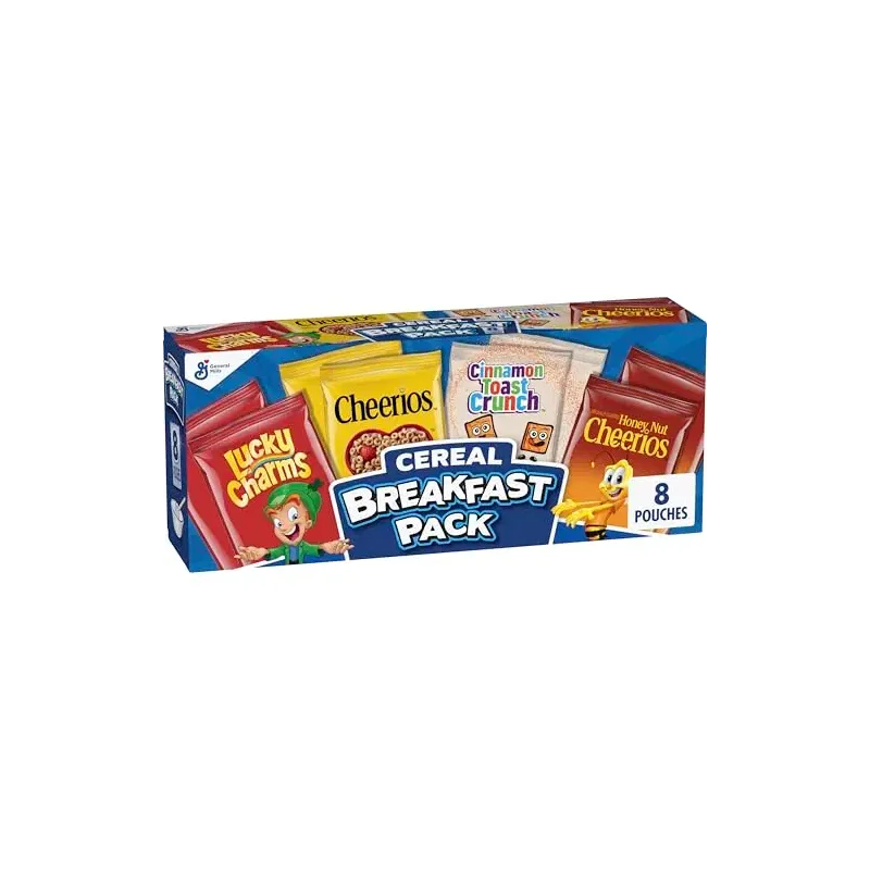 General Mills Cereal Variety Pack, Lucky Charms, Cinnamon Toast Crunch, Cheerios, and Honey Nut Cheerios, 8 Single Serve Pouches, 9.14 oz