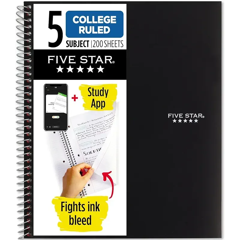 Five Star Spiral Notebook + Study App, 5 Subject, College Ruled Paper, 8-1/2" x 11", 200 Sheets, Fights Ink Bleed, Water Resistant Cover, Black (72081)