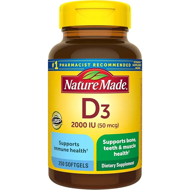 Nature Made Vitamin D3 2000 IU (50 mcg), Vitamin D Supplement for Bone, Teeth, Muscle and Immune Health Support, 250 Softgels, 250 Day Supply