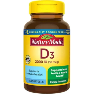 Nature Made Vitamin D3 2000 IU (50 mcg), Vitamin D Supplement for Bone, Teeth, Muscle and Immune Health Support, 250 Softgels, 250 Day Supply