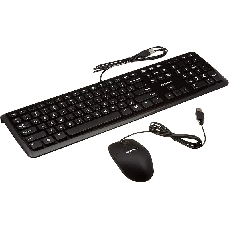 Amazon Basics Wired Keyboard and Mouse Bundle, Full-Sized, QWERTY Layout, Black