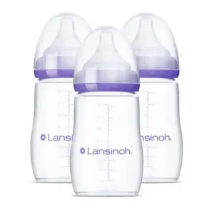 Lansinoh Anti-Colic Baby Bottles for Breastfeeding Babies, 8 Ounces, 3 Count, Includes 3 Medium Flow Nipples, Size M