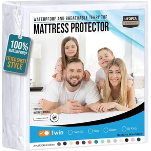 Utopia Bedding Waterproof Mattress Protector Twin Size, Premium 200 GSM Terry Mattress Cover, Soft & Breathable Bed Cover, Fitted Sheet Style with Stretchable Deep Pockets 15" (White)