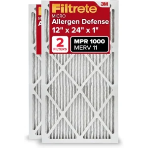Filtrete 12x24x1 AC Furnace Air Filter, MERV 11, MPR 1000, Micro Allergen Defense, 3-Month Pleated 1-Inch Electrostatic Air Cleaning Filter, 2 Pack (Actual Size 11.719x23.72x0.85 in)