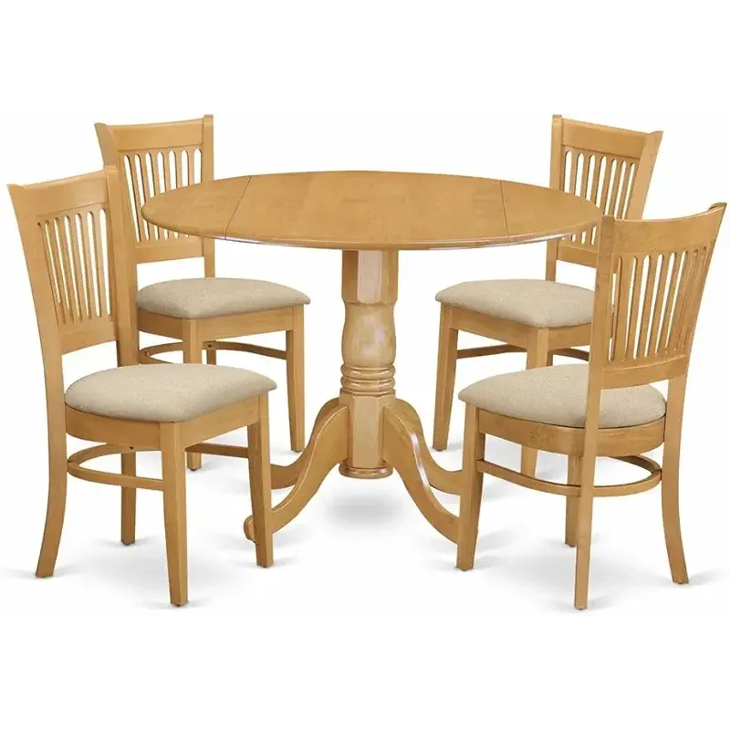 East West Furniture DLVA5-OAK-C 5 Piece Kitchen Table & Chairs Set Includes a Round Dining Room Table with Dropleaf and 4 Linen Fabric Upholstered Chairs, 42x42 Inch, Oak