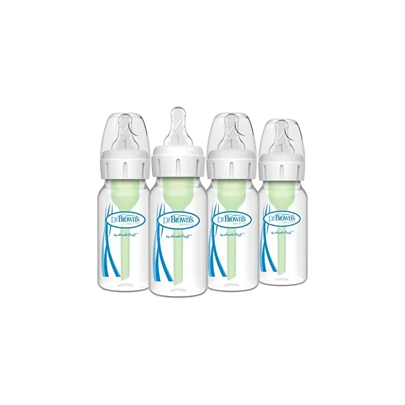 Dr. Brown's Natural Flow Anti-Colic Options+ Narrow Baby Bottle, 4 oz/120 mL, with Level 1 Slow Flow Nipple, 0m+, 4 Bottles
