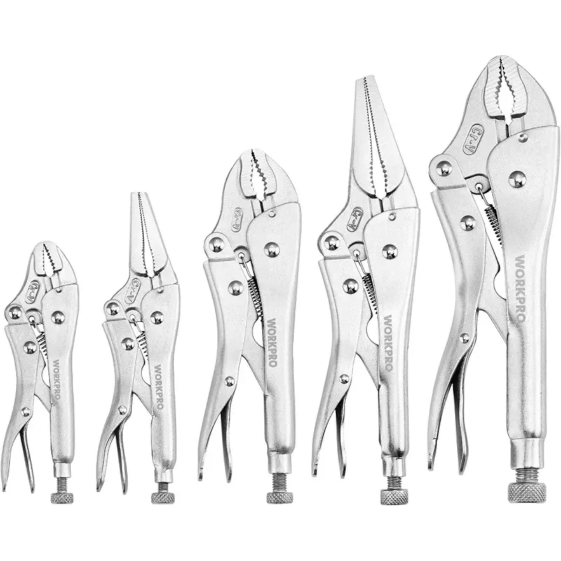 WORKPRO 5-Piece Locking Pliers Set, Pliers Tool Set, Vice Grips with Chrome-vanadium Steel, 5/7/10 inch Curved Jaw Pliers, 6.5/9 inch Long Nose Pliers