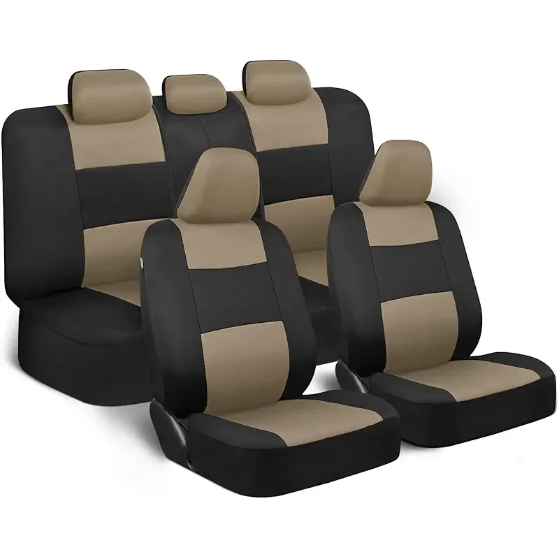 BDK PolyPro Seat Covers Full Set in Beige on Black – Front and Rear Split Bench Seat Covers for Cars, Easy to Install , Car Accessories for Auto Trucks Van SUV