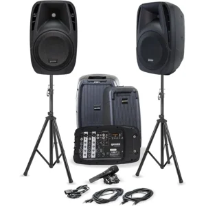 Gemini Portable PA System with Stands - 600W Bluetooth Speaker System with 6-Channel Mixer, Dual 10" Speakers, Mic & Cables - Complete All-in-One Kit for Small Events, DJs & Karaoke (ES-210MXBLU-ST)