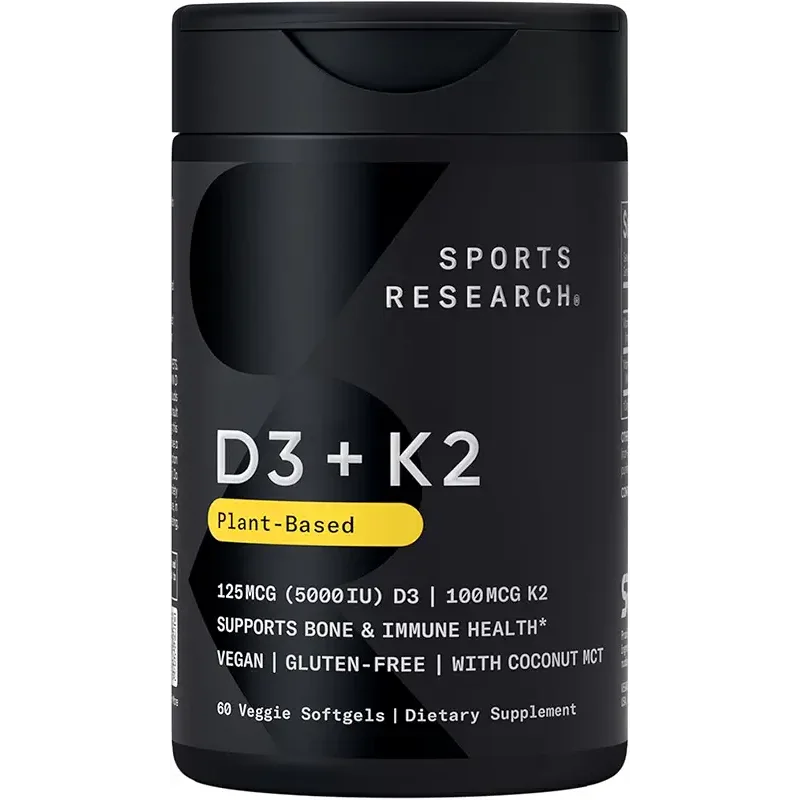 Sports Research® Vitamin D3 + K2 w/ Coconut Oil - Vegan Vitamin D 5000iu & Mk7 Vitamin K 100mcg for Bone & Immune Support - Vegan Certified · Non-GMO · Soy Free - 60 Softgels