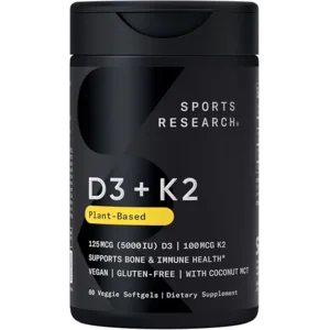 Sports Research® Vitamin D3 + K2 w/ Coconut Oil - Vegan Vitamin D 5000iu & Mk7 Vitamin K 100mcg for Bone & Immune Support - Vegan Certified · Non-GMO · Soy Free - 60 Softgels