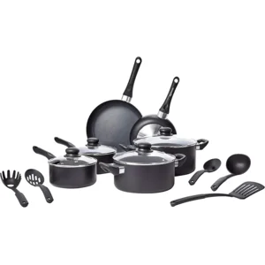 Amazon Basics Non Stick Kitchen Cookware 15-Piece Set, Non-Induction, Includes Pots, Pans, and Utensils, Black