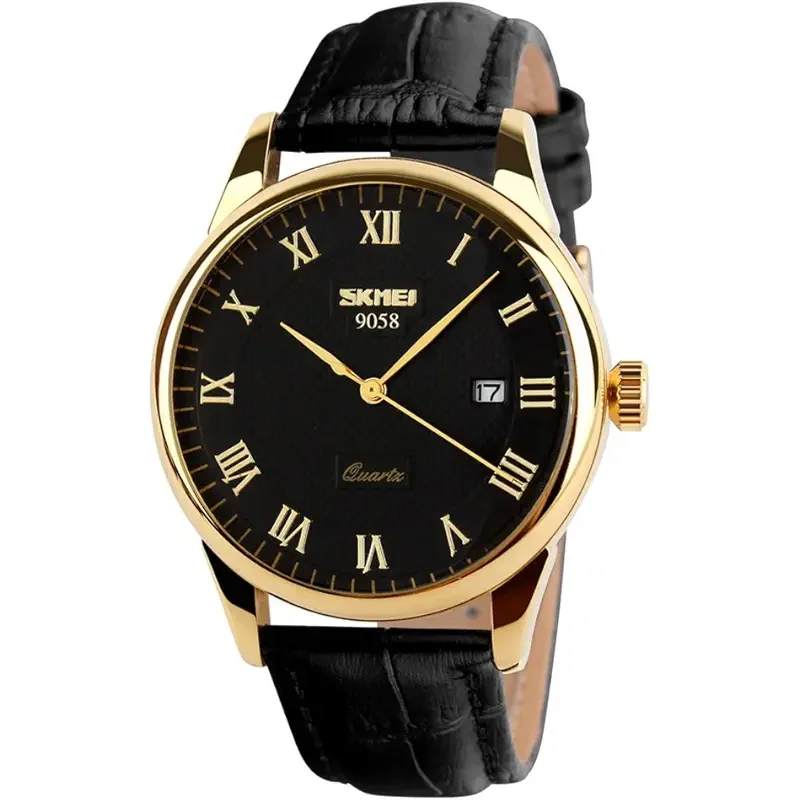 SKMEI Business Men’s Quartz Wristwatches Roman Numeral Leather Band Casual Water Resist Analog Watches