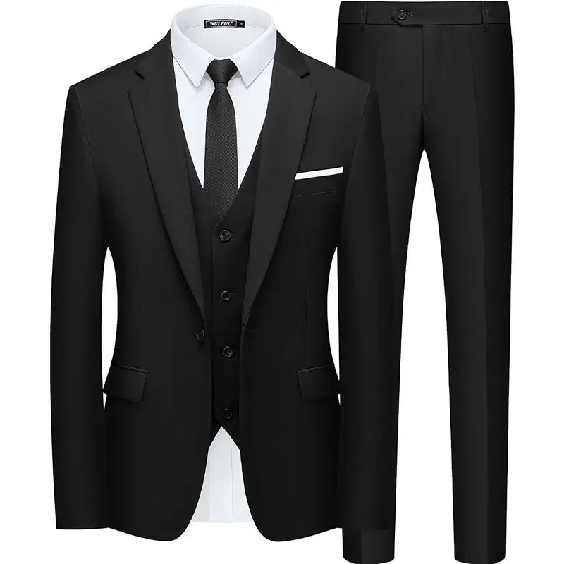 WULFUL Men’s Slim Fit Suit One Button 3-Piece Blazer Dress Business Wedding Party Jacket Vest & Pant