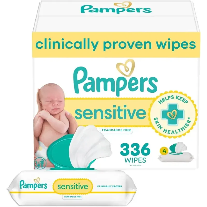 Pampers Baby Wipes, Sensitive, Water Based Wipe, Clinically Proven, Hypoallergenic, and Unscented for Babies, 336 Wipes Total (4 Flip-Top Packs)