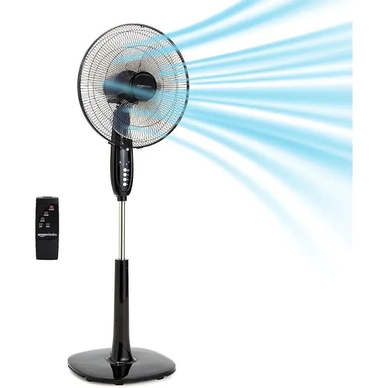 Amazon Basics 16" Pedestal Fan with Remote, Floor Fan, Standing Fan for Bedroom, Living Room, Office, with 3 Speeds, 3 Modes, Timer, Dual-Layered Blades, Adjustable Height, Tilt Head, 60W, Black