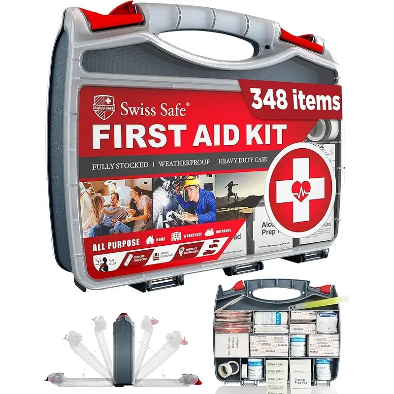 Swiss Safe 2-in-1 First Aid Kit for Car, Travel & Home, Businesses - Bonus Mini Kit for Medical Emergency Aid, Survival, Camping - FSA & HSA Eligible - 348 Pcs, Large Hardcase FAK