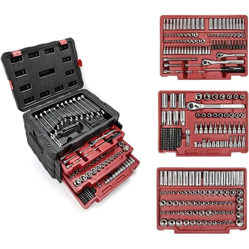 WORKPRO 450-Piece Drive Socket Set 1/2" 1/4" 3/8", CR-V Metric and Imperial with Quick-Release Ratchet Wrench, Spanners, Bits Set, Mechanics Tool for Car Repair