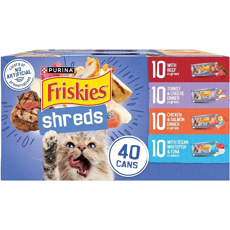 Purina Friskies Wet Cat Food Variety Pack, Shreds With Beef, Turkey and Cheese Dinner, Chicken and Salmon Dinner, and With Ocean Whitefish and Tuna - (Pack of 40) 5.5 oz. Cans