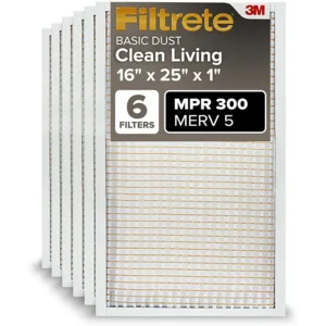 Filtrete 16x25x1 AC Furnace Air Filter, MERV 5, MPR 300, Capture Unwanted Particles, 3-Month Pleated 1-Inch Electrostatic Air Cleaning Filter, 6-Pack (Actual Size 15.69x24.69x0.81 in)