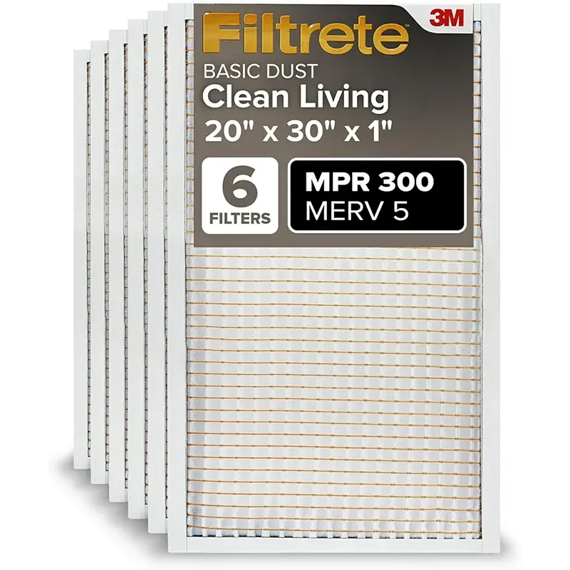 Filtrete 20x30x1 Air Filter, MPR 300, MERV 5, Clean Living Basic Dust 3-Month Pleated 1-Inch Air Filters, 6 Filters