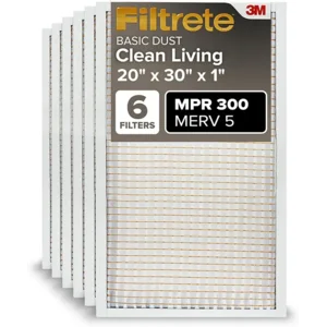 Filtrete 20x30x1 Air Filter, MPR 300, MERV 5, Clean Living Basic Dust 3-Month Pleated 1-Inch Air Filters, 6 Filters