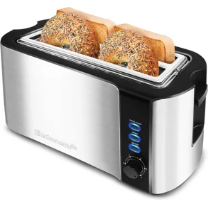 Elite Gourmet ECT-3100 Long Slot 4 Slice Toaster, Reheat, 6 Toast Settings, Defrost, Cancel Functions, Built-in Warming Rack, Extra Wide Slots for Bagels & Waffles, Stainless Steel & Black