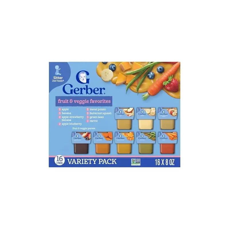 Gerber Purees 2nd Foods Veggie & Fruit Variety Pack, 8 Ounces, Box of 16 (Packaging May Vary)