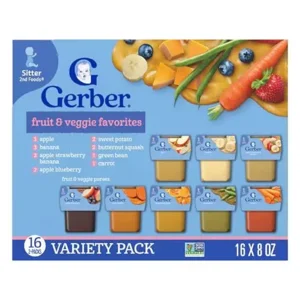 Gerber Purees 2nd Foods Veggie & Fruit Variety Pack, 8 Ounces, Box of 16 (Packaging May Vary)