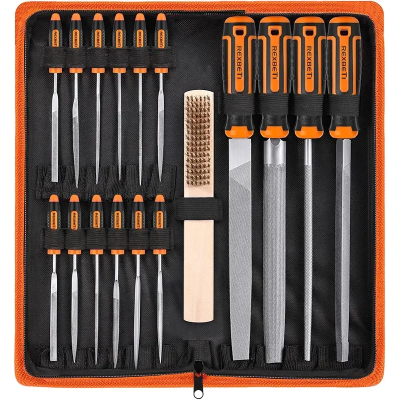 REXBETI 25Pcs Metal File Set, Premium Grade T12 Drop Forged Alloy Steel, Flat/Triangle/Half-round/Round Large File and 12pcs Needle Files with Carry Case, 6pcs Sandpaper, Brush, A Pair Working Gloves