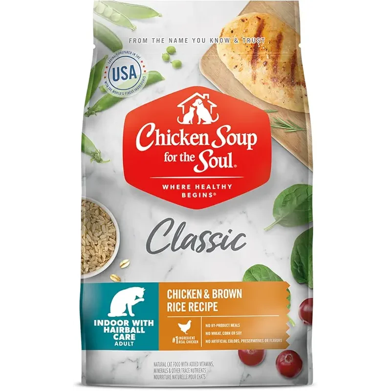 Chicken Soup for The Soul All Natural Premium Indoor w/Hairball Care Adult Dry Cat Food, Real Meat First Ingredient, No by-Products, Supports Intestinal Health, Chicken & Brown Rice, 12lb