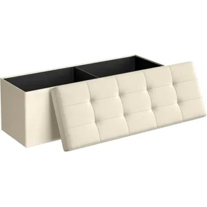 SONGMICS MAZIE Collection - 43 Inches Folding Storage Ottoman Bench, Ottoman Foot Rest, End of Bed Bench, Storage Chest, Load 660 lb, for Living Room, Bedroom, Entryway, Cream White ULSF77BE