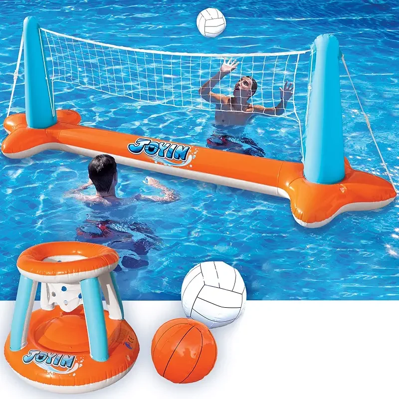 JOYIN Inflatable Pool Float Set Volleyball Net & Basketball Hoops, Floating Swimming Game Toy for Kids and Adults, Summer Floaties, Volleyball Court (105”x28”x38”)|Basketball (27.6”x23”),L-Orange