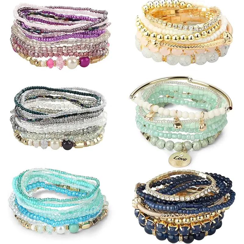 LOYALLOOK 6 Sets Bohemian Stackable Bead Bracelets for Women Stretch Bohemian Style Stretch Multilayered Boho Bracelet Set