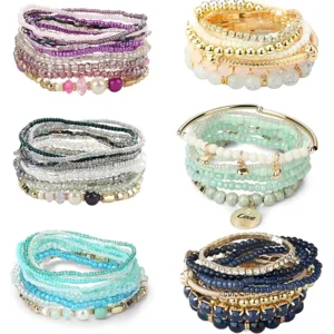 LOYALLOOK 6 Sets Bohemian Stackable Bead Bracelets for Women Stretch Bohemian Style Stretch Multilayered Boho Bracelet Set