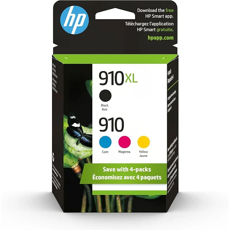 HP Original 910 Cyan, Magenta, Yellow / 910XL Black Ink Cartridges (4-Pack) | Works OfficeJet 8010, 8020 Series OfficeJet Pro 8020, 8030 Series | Eligible for Instant Ink | 3JB41AN