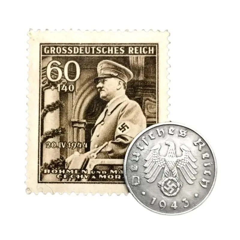 WWII Germany Coin & Stamp Set – Authentic 1 Reichspfennig Zinc Coin (1940-1944) & 1944 Bohmen und Mahren Stamp – Rare WWII Collectible