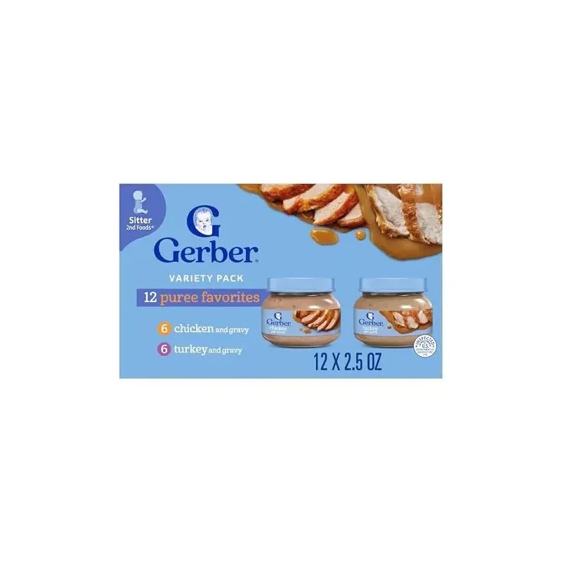 Gerber Stage 2 Baby Food, Chicken & Turkey Variety Pack Jars, Mealtime Poultry Puree, Baby Food Puree,12-Pack