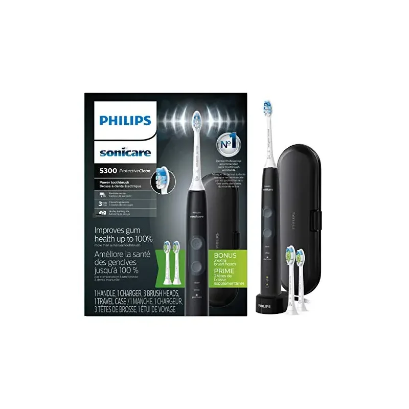 Philips Sonicare ProtectiveClean 5300 Rechargeable Electric Toothbrush, with Pressure Sensor, 3 Cleaning Modes, SmarTimer and QuadPacer, with 2 Bonus Brush Heads, Travel Case, Black, Model HX6423/34