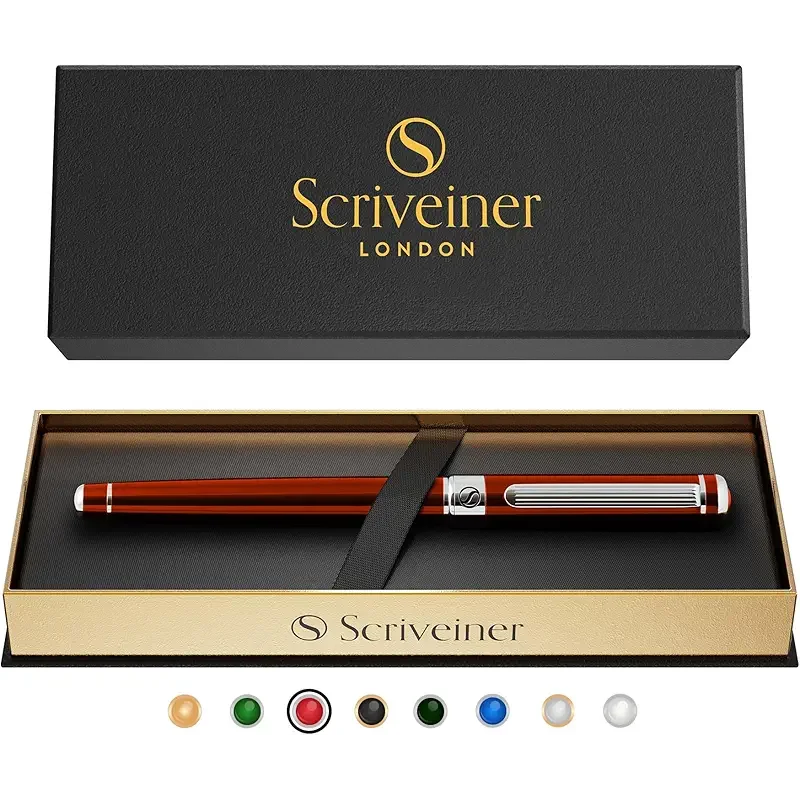 Scriveiner Deep Crimson Red Rollerball - Stunning Red Lacquer Luxury Pen with Chrome Finish, Schmidt Ink Refills, Roller Ball Pen Gift Set for Men & Women, Professional, Executive, Office, Nice Pens