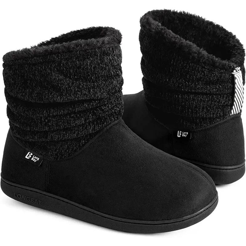 LongBay Women's Warm Chenille Knit Bootie Slippers Memory Foam Comfy Suede Fluffy Faux Fur Boots House Shoes