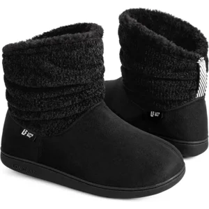 LongBay Women's Warm Chenille Knit Bootie Slippers Memory Foam Comfy Suede Fluffy Faux Fur Boots House Shoes