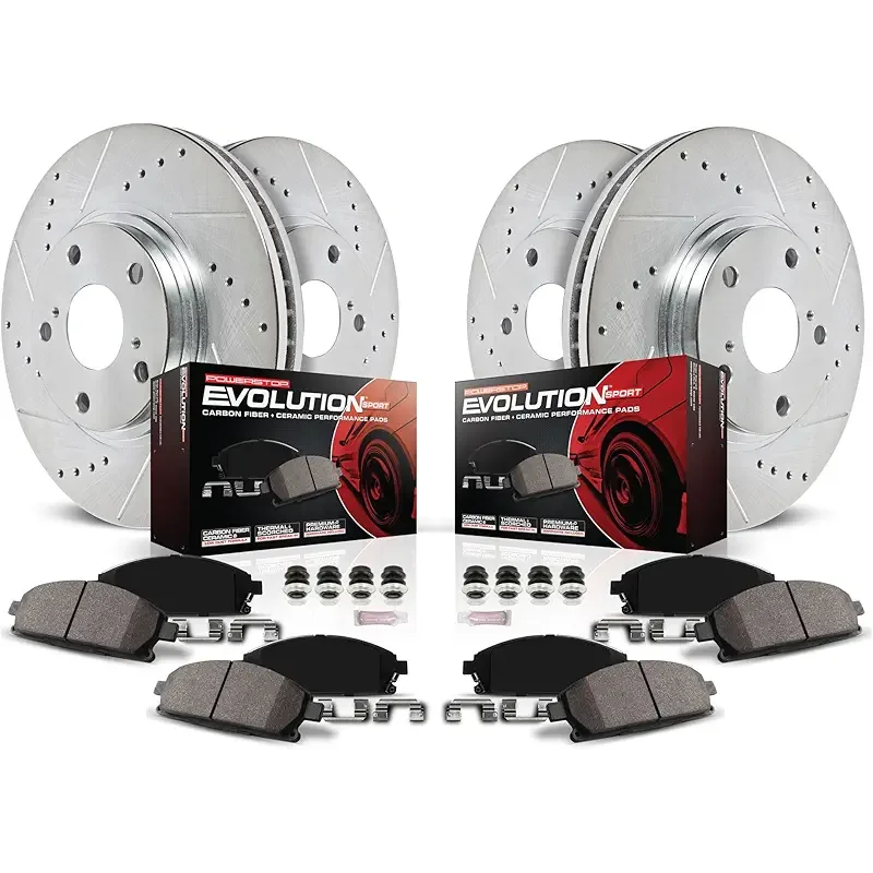 Power Stop Brake Kit For 2018-2022 Honda Accord EX-L 2.0L Hybrid [Application Specific] - Front and Rear Z23 Carbon Fiber Brake Pads with Drilled and Slotted Rotors Replacement, K8166