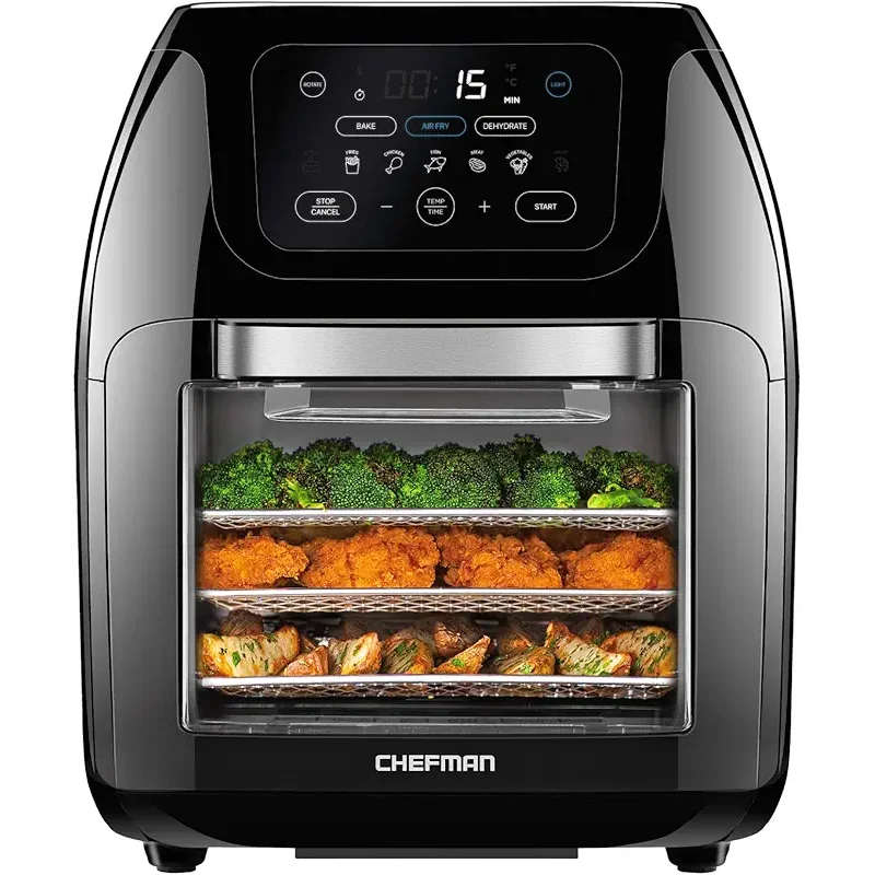 CHEFMAN Multifunctional Digital Air Fryer+ Rotisserie, Dehydrator, Convection Oven, 17 Touch Screen Presets Fry, Roast, Dehydrate, Bake, XL 10L Family Size, Auto Shutoff, Large Easy-View Window, Black