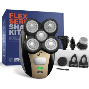 Freebird FlexSeries Electric Head & Body Hair Shaver - Mens Cordless Rechargeable Wet/Dry Skull Bald Head Back & Groin Waterproof Razor with Rotary Blades, Clippers, Nose Trimmer, Brush, Massager
