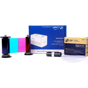 IDP Genuine SMART-21 YMCKO Consumables Kit with 1ea Color 100-Print Ink Ribbon, 100 Primus PVC Cards, and Cleaning Roller (not Compatible with IDP Solid Brand Products)