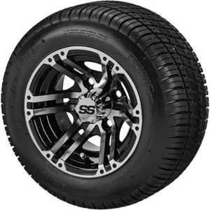 RM Cart 10" Yukon Black/Machined on 205/50-10 Deli Tires (Set of 4) | Golf Cart Tires and Wheels Combo with Standard Lug Nuts