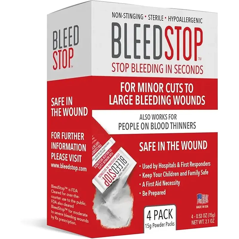 BleedStop™ First Aid Powder for Blood Clotting, Trauma Kit, Blood Thinner Patients, Camping Safety, and Survival Equipment for Moderate to Severe Bleeding Wounds or Nosebleeds - 4 (15g) Pouches